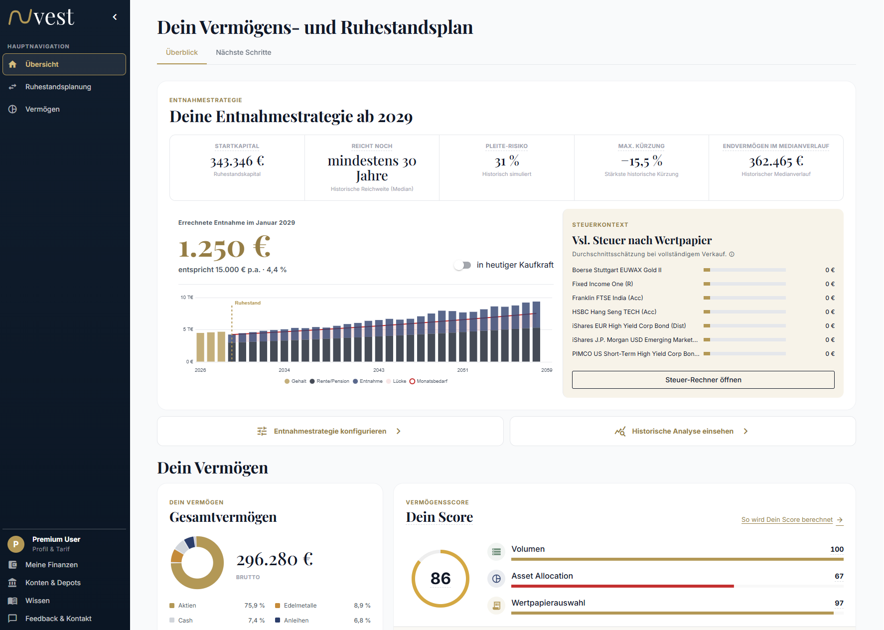 Nuvest Premium auf dem Desktop: Entnahmestrategie, Steuerkontext und Vermögensscore