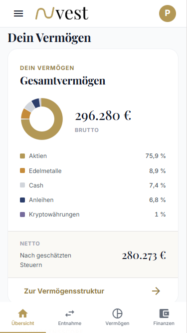 Nuvest Premium auf dem Smartphone: Übersicht des Vermögens mit Aufteilung nach Anlageklassen